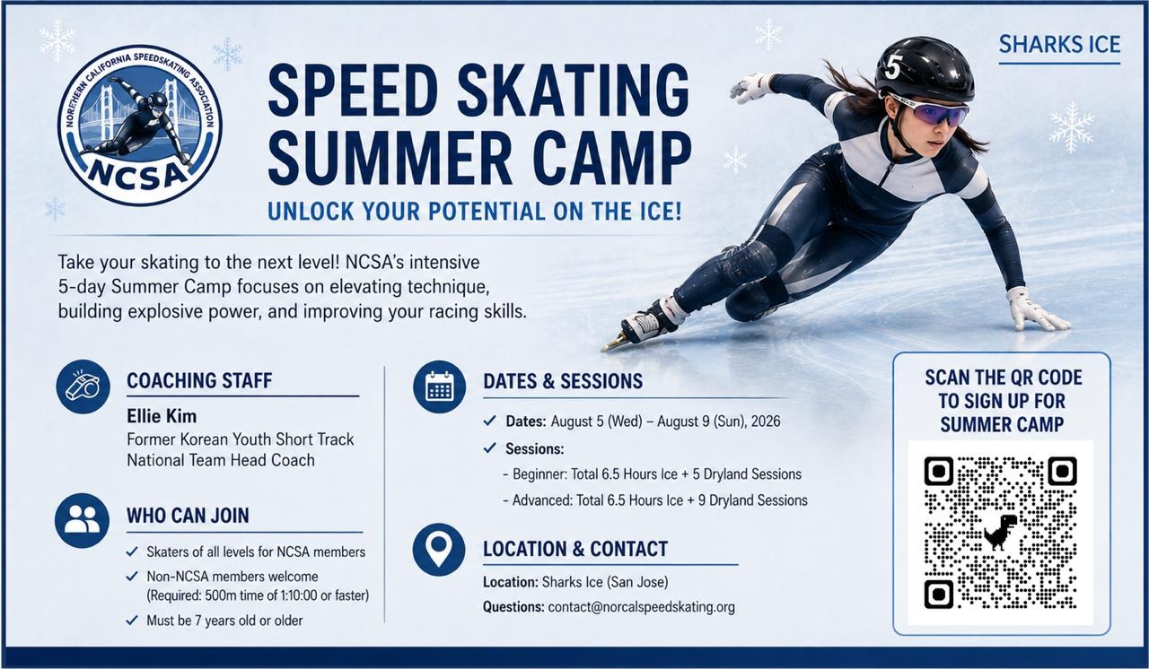 NCSA Speed Skating Summer Camp 2026 — Aug 5–9 at Sharks Ice San Jose, run by Head Coach Ellie Kim, former Korean Youth Short Track National Team Head Coach. Beginner: 6.5 hrs ice + 5 dryland sessions. Advanced: 6.5 hrs ice + 9 dryland sessions. Non-NCSA members welcome (500m time of 1:10.00 or faster). Must be 7 years or older. Contact contact@norcalspeedskating.org.